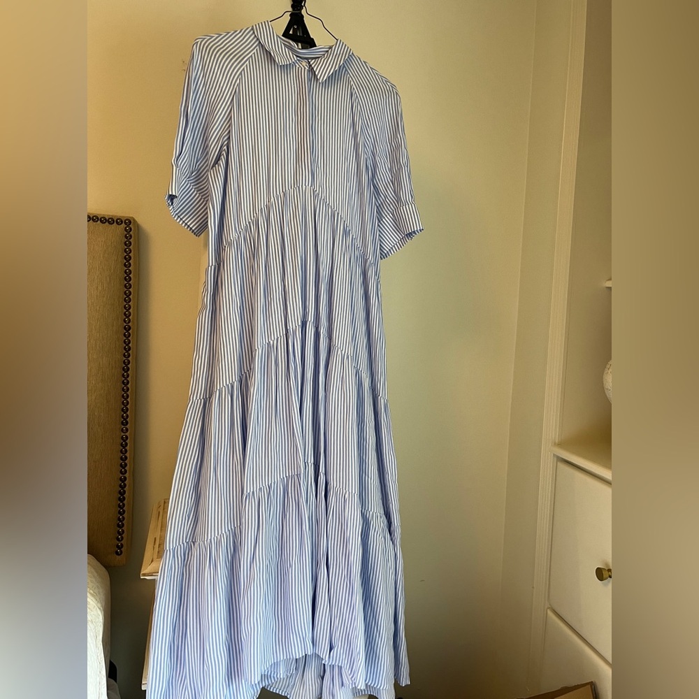 a Loves a Medium Light Blue & White Striped Tiered Maxi Dress